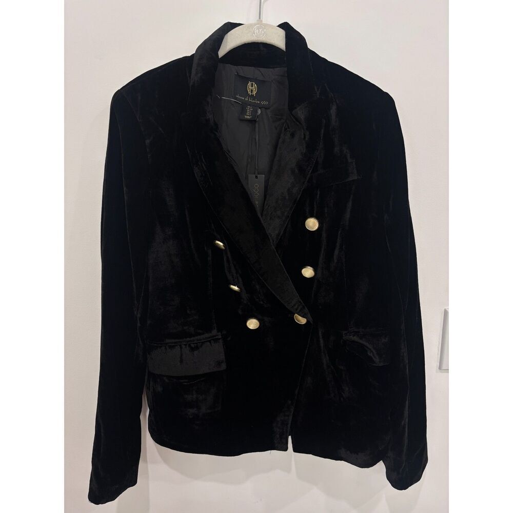 House of Harlow 1960 Black Velvet Double Breasted Blazer Gold Buttons Small NWT